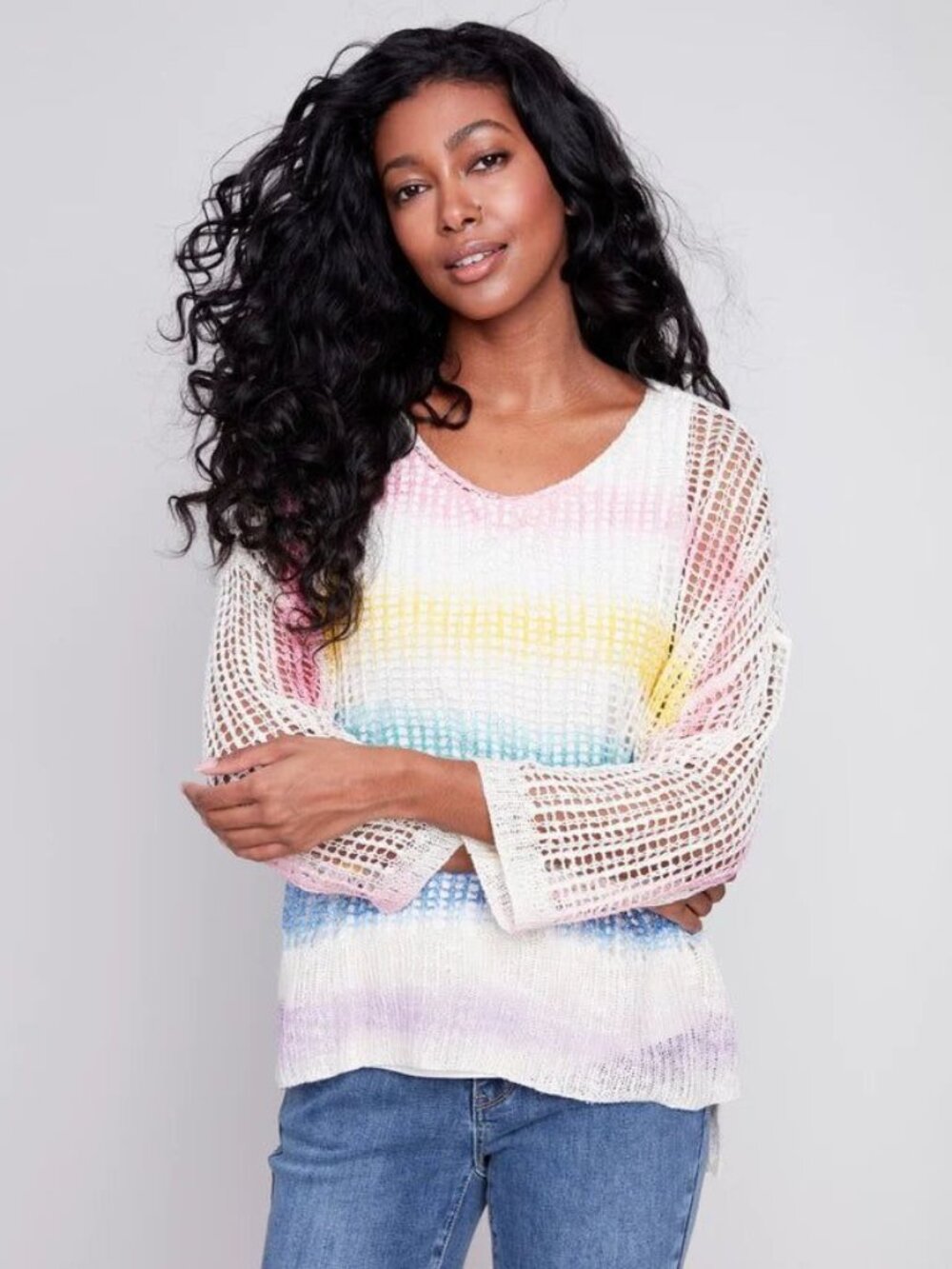 Charlie B Rainbow Crochet Fishnet Sweater Sz L Pastel Boho Open Knit Top